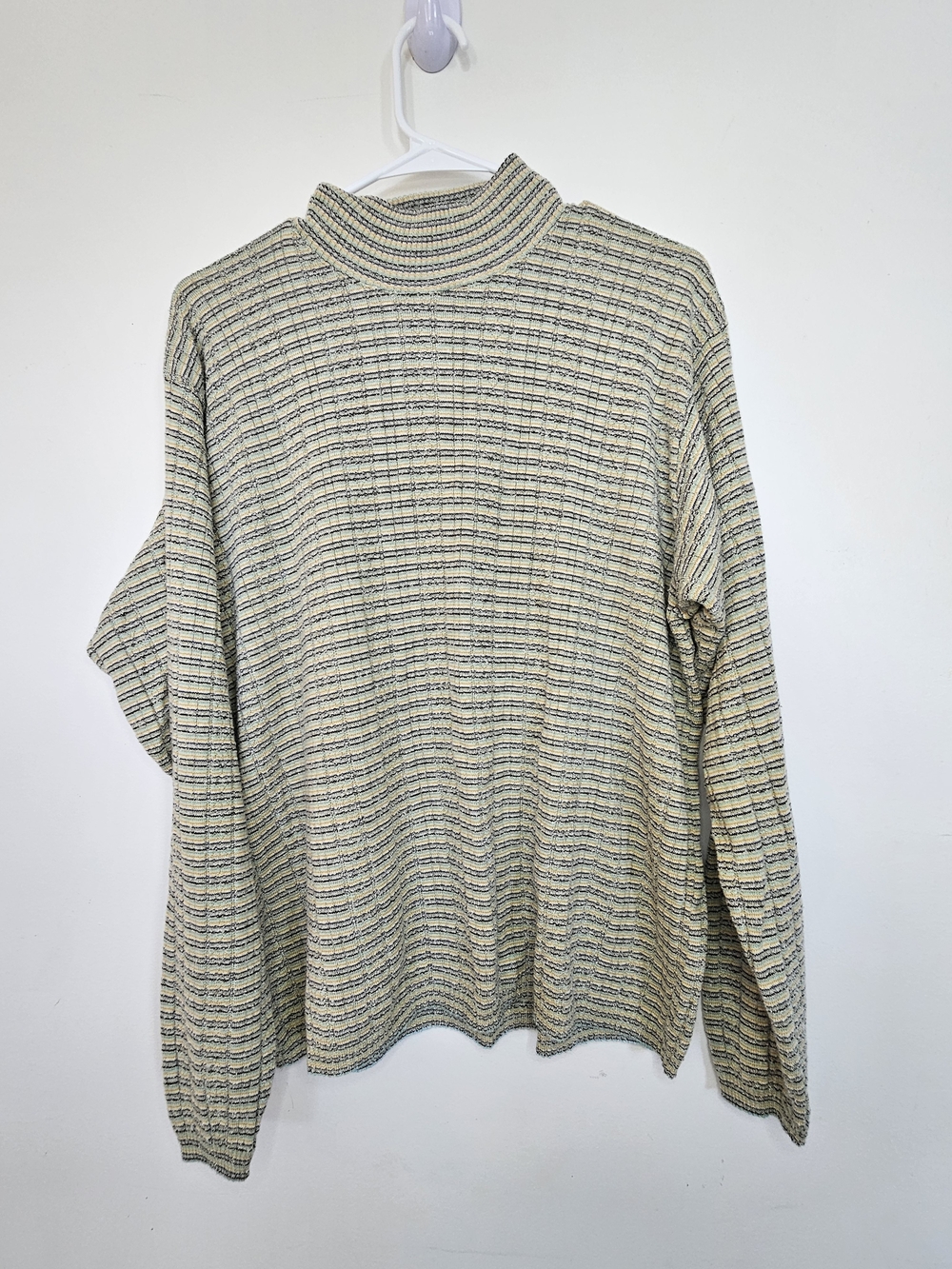 Men's Ribbed Mock Neck Sweater - Cream with Navy Stripe